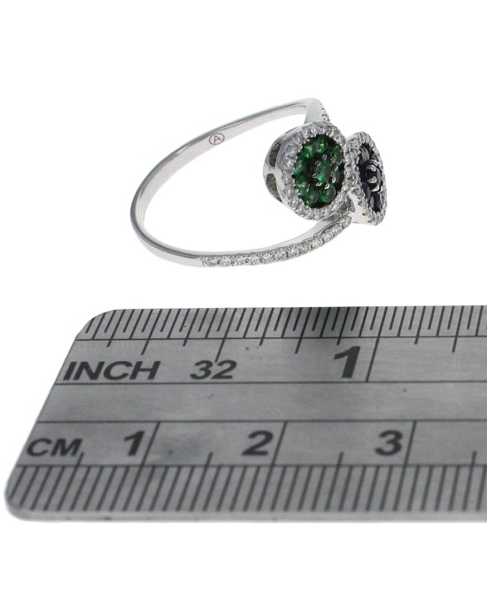 Synthetic Sapphire, Tsavorite and Diamond Halo Bypass Ring
